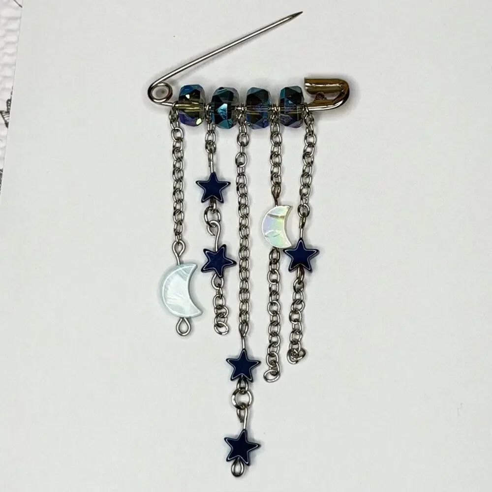 Moon and star brooch hematite and mother of pearl safety pin